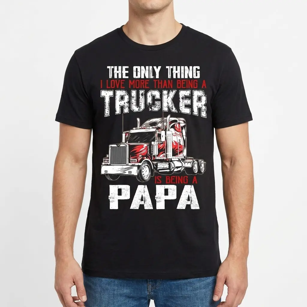 Front view of a man wearing a black shirt with "THE ONLY THING I LOVE MORE THAN BEING A TRUCKER IS BEING A PAPA" and a red semi-truck.