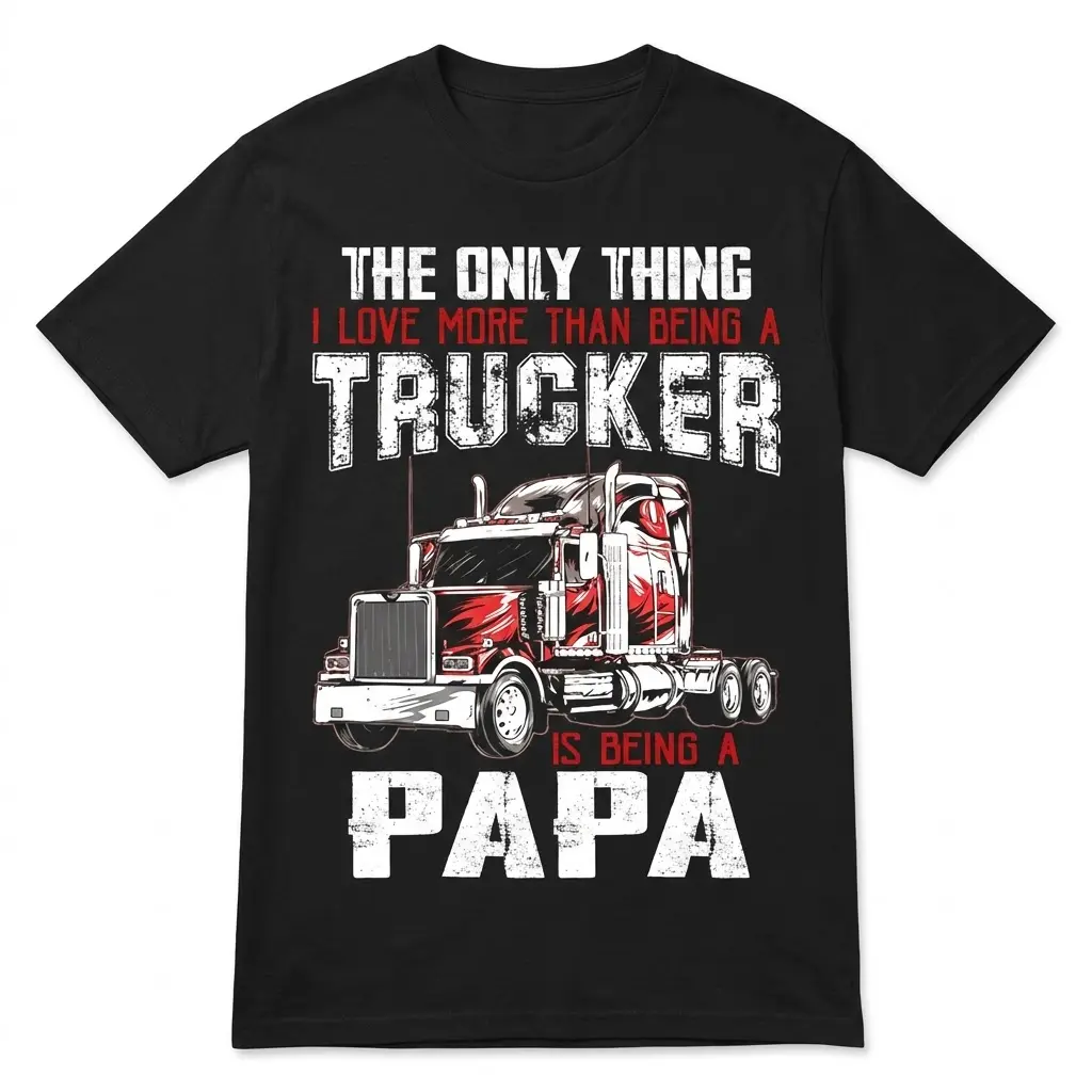 Black flat lay t-shirt with "THE ONLY THING I LOVE MORE THAN BEING A TRUCKER IS BEING A PAPA" graphic and a red semi-truck.