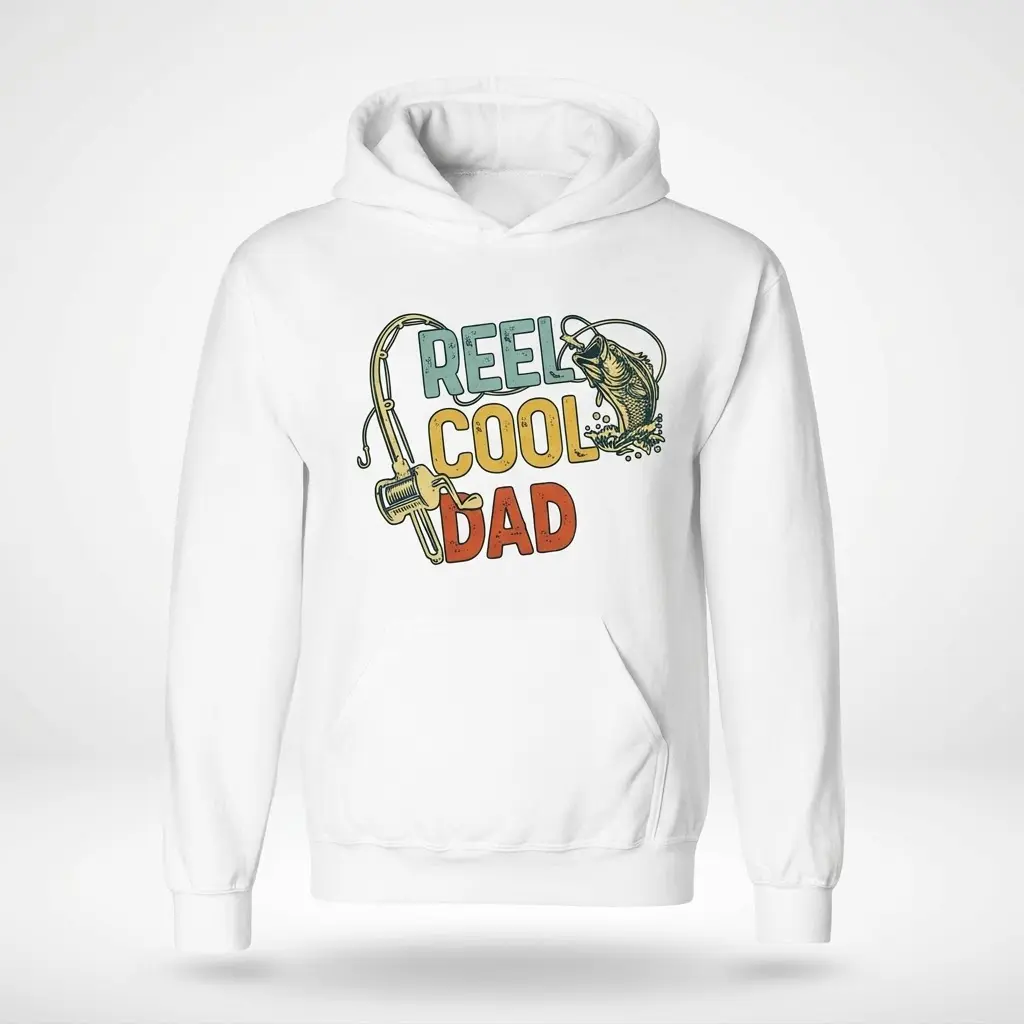 Front flat lay of a hoodie featuring the Reel Cool Dad fishing rod and bass graphic.