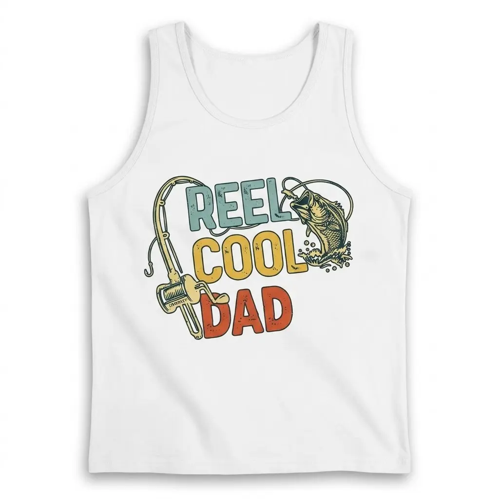 Front flat lay of a sleeveless tank top printed with the Reel Cool Dad graphic design.