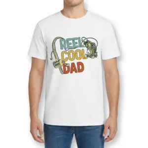 Reel Cool Dad Fishing Graphic T-Shirt 9 Front view of a man wearing the Reel Cool Dad fishing graphic t-shirt.