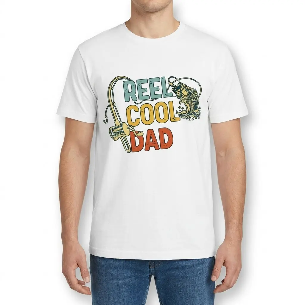Front view of a man wearing the Reel Cool Dad fishing graphic t-shirt.