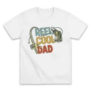 Flat lay of a white Reel Cool Dad shirt featuring a vintage fishing rod, jumping bass, and retro typography.