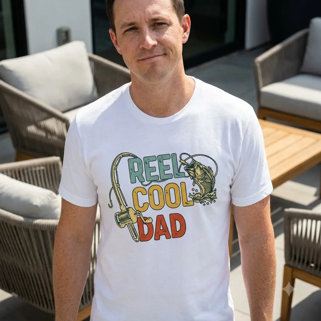 Lifestyle view of the Reel Cool Dad shirt worn outdoors.