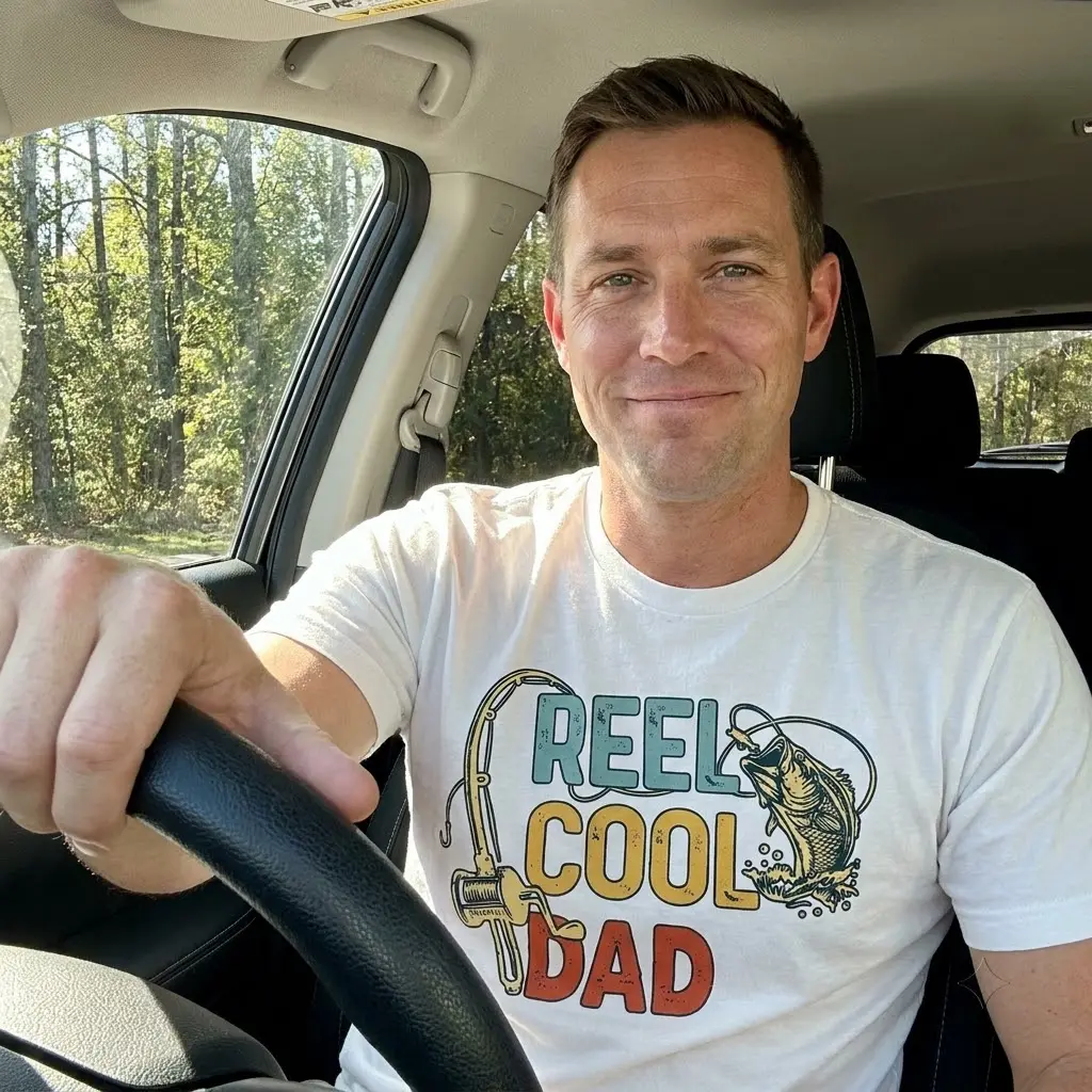 Casual lifestyle setting showcasing the Reel Cool Dad graphic t-shirt.