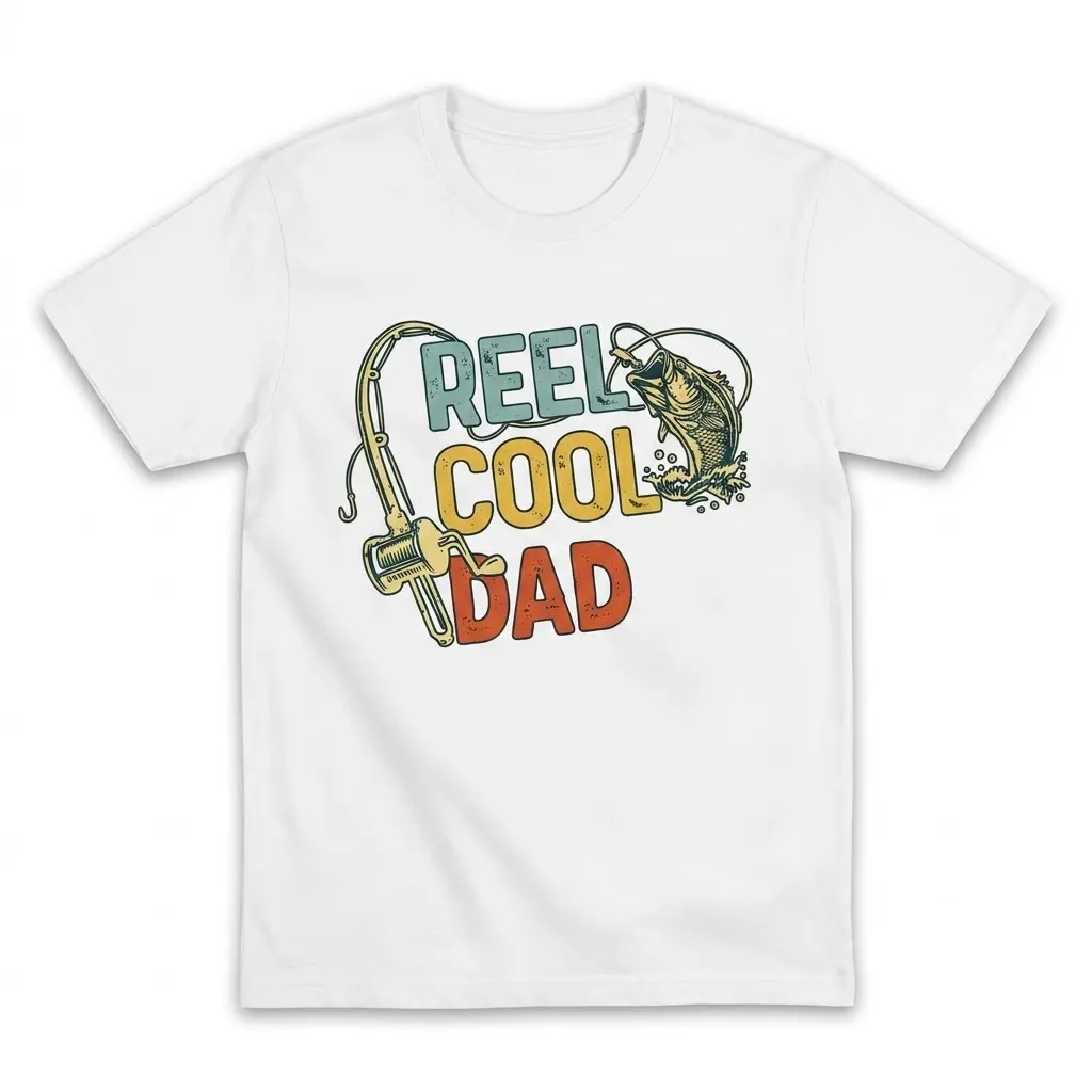 Flat lay of a white Reel Cool Dad shirt featuring a vintage fishing rod, jumping bass, and retro typography.