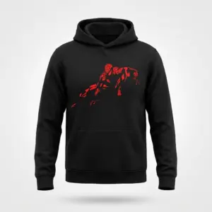 Retro Abstract Spider-Man Comic Fan T-Shirt 7 Hoodie with minimalist red web-slinging hero graphic, front flat lay.