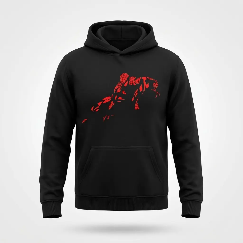 Retro Abstract Spider-Man Comic Fan T-Shirt 2 Hoodie with minimalist red web-slinging hero graphic, front flat lay.