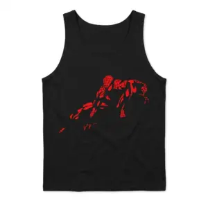 Retro Abstract Spider-Man Comic Fan T-Shirt 8 Tank top featuring a minimalist red web-slinging hero graphic, front flat lay.