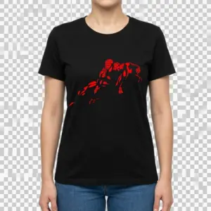 Retro Abstract Spider-Man Comic Fan T-Shirt 9 Woman wearing T-shirt with abstract red web-slinging hero design, front view.