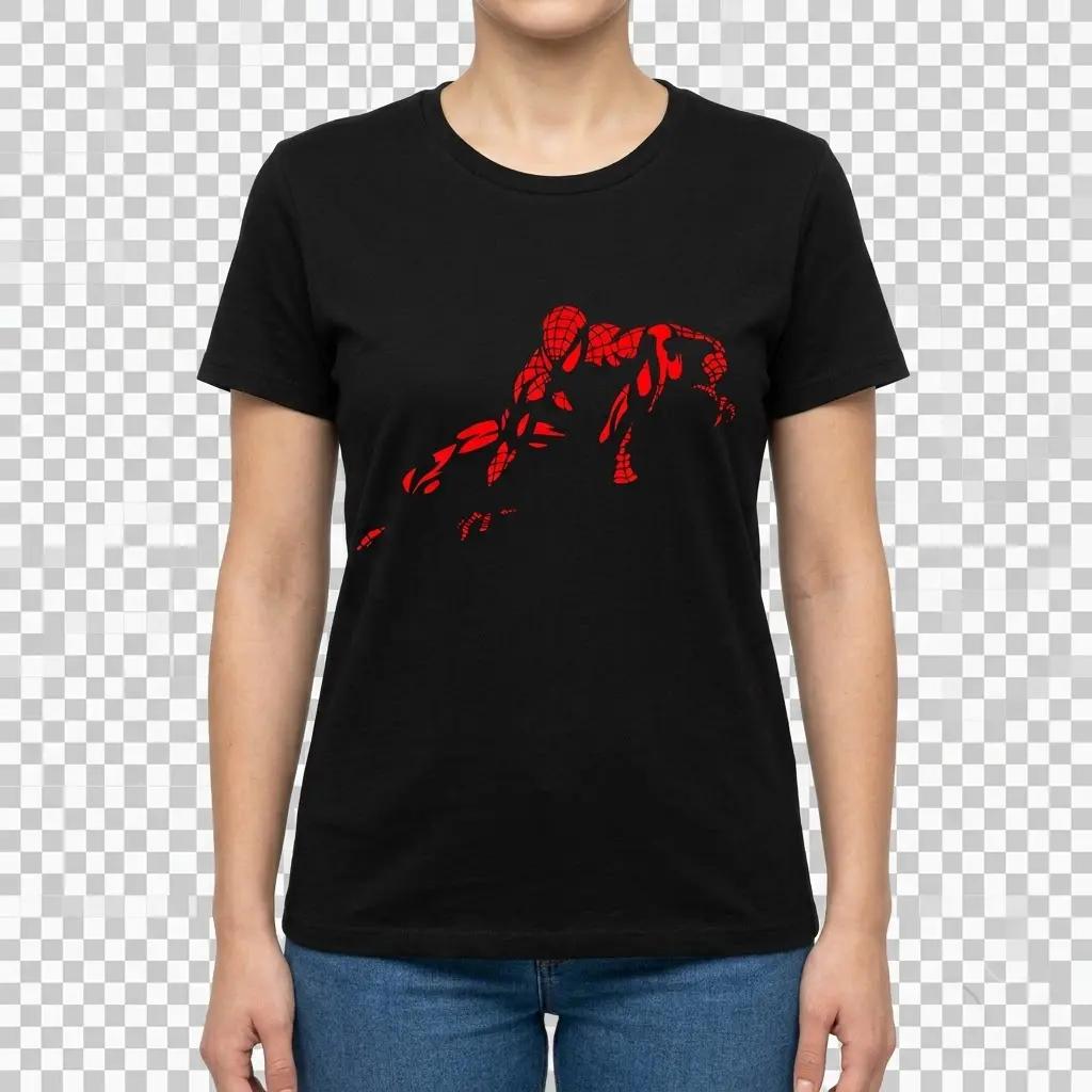 Retro Abstract Spider-Man Comic Fan T-Shirt 4 Woman wearing T-shirt with abstract red web-slinging hero design, front view.