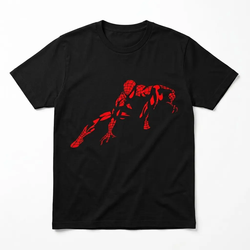 Retro Abstract Spider-Man Comic Fan T-Shirt 1 Black T-shirt with minimalist red web-slinging hero graphic, front flat lay.