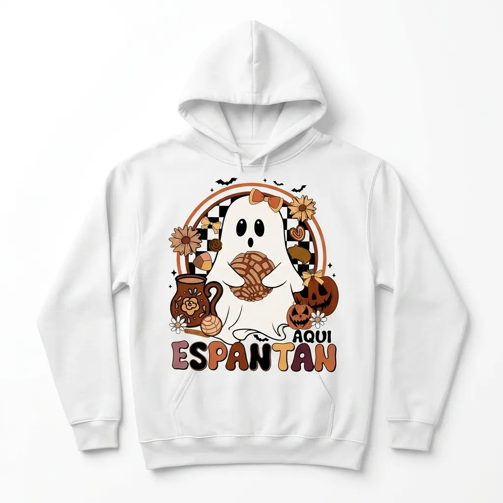 Retro Aqui Espantan Pan Dulce Ghost T-Shirt 2 Aqui Espantan shirt featuring a ghost and festive elements.