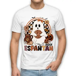 Retro Aqui Espantan Pan Dulce Ghost T-Shirt 8 Retro style ghost design with pan dulce on a Halloween shirt.