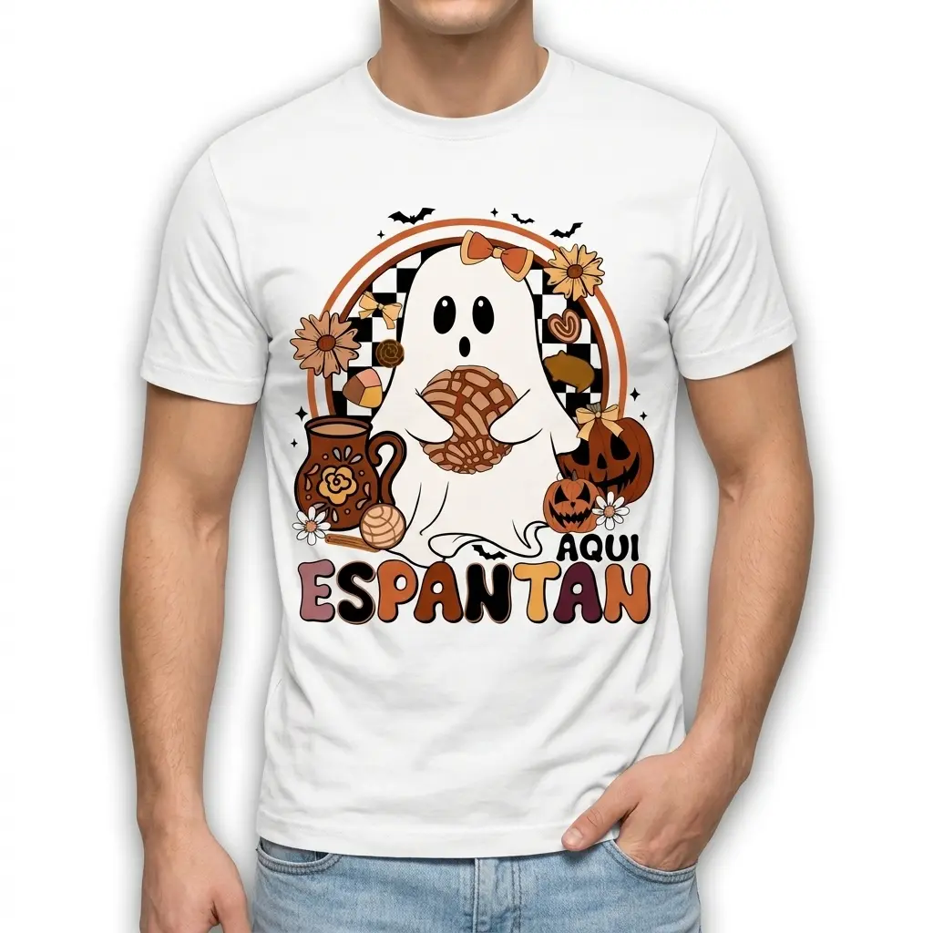 Retro Aqui Espantan Pan Dulce Ghost T-Shirt 3 Retro style ghost design with pan dulce on a Halloween shirt.