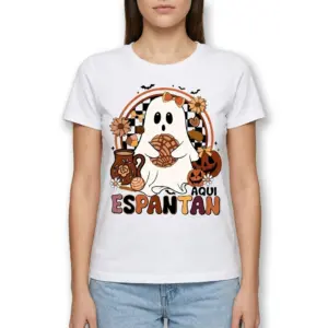 Retro Aqui Espantan Pan Dulce Ghost T-Shirt 9 Funny Halloween ghost shirt with pan dulce and floral decor.