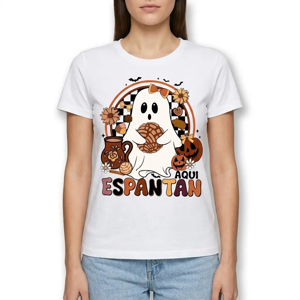 Retro Aqui Espantan Pan Dulce Ghost T-Shirt 4 Funny Halloween ghost shirt with pan dulce and floral decor.