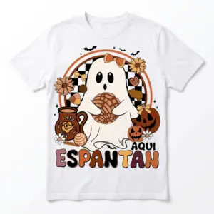 Ghost holding pan dulce with pumpkins and flowers on Halloween shirt.