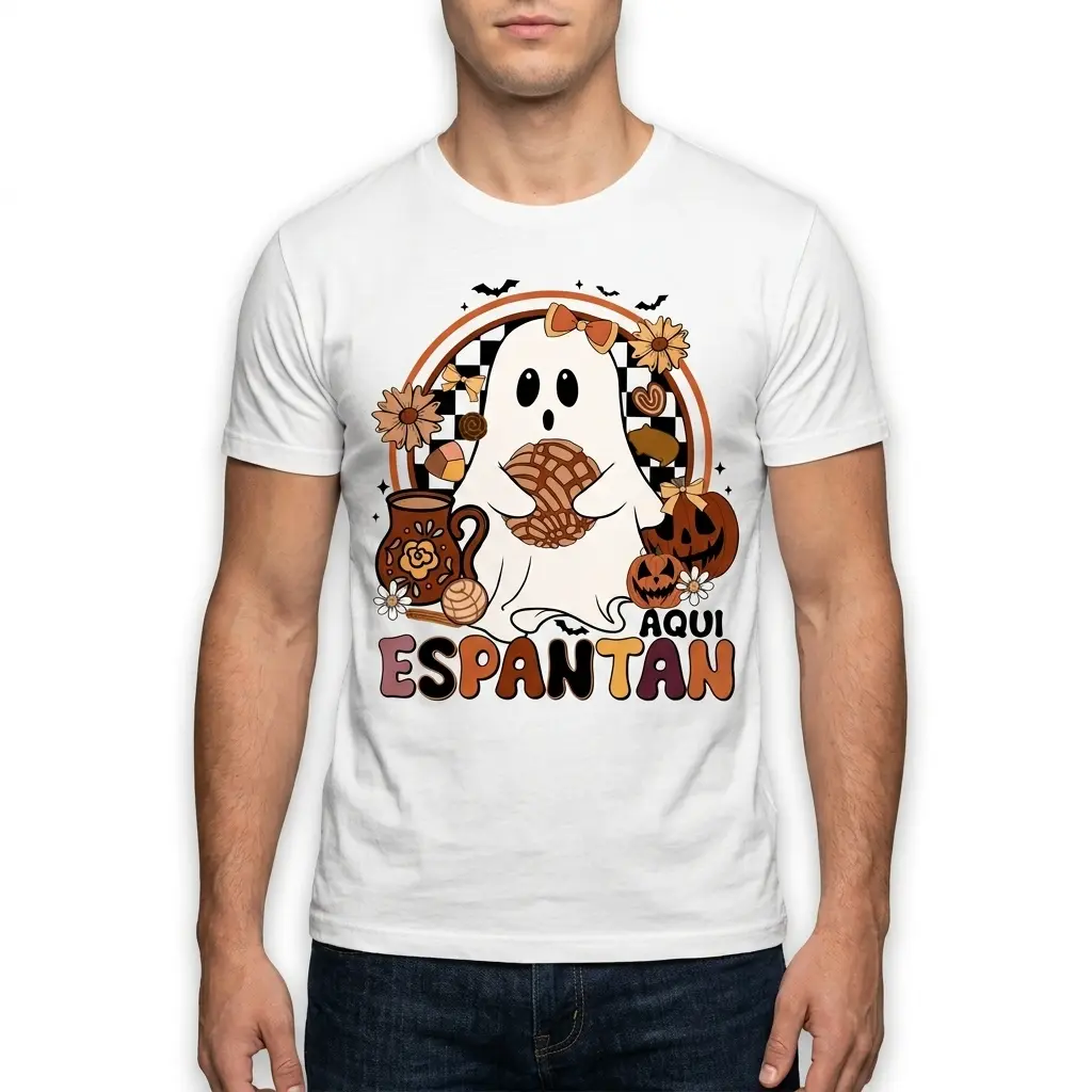 Retro Aqui Espantan Pan Dulce Ghost T-Shirt 5 Aqui Espantan T-shirt with a ghost and Halloween-themed design.