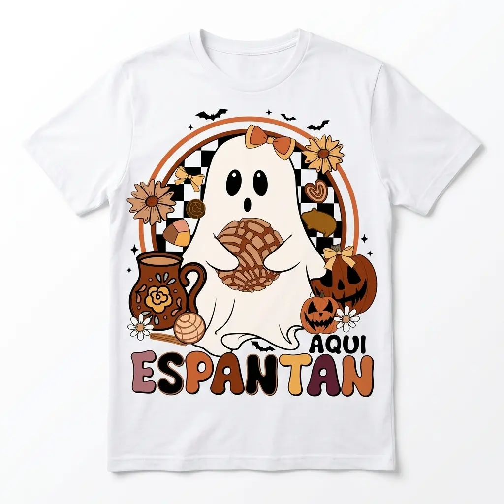 Retro Aqui Espantan Pan Dulce Ghost T-Shirt 1 Ghost holding pan dulce with pumpkins and flowers on Halloween shirt.