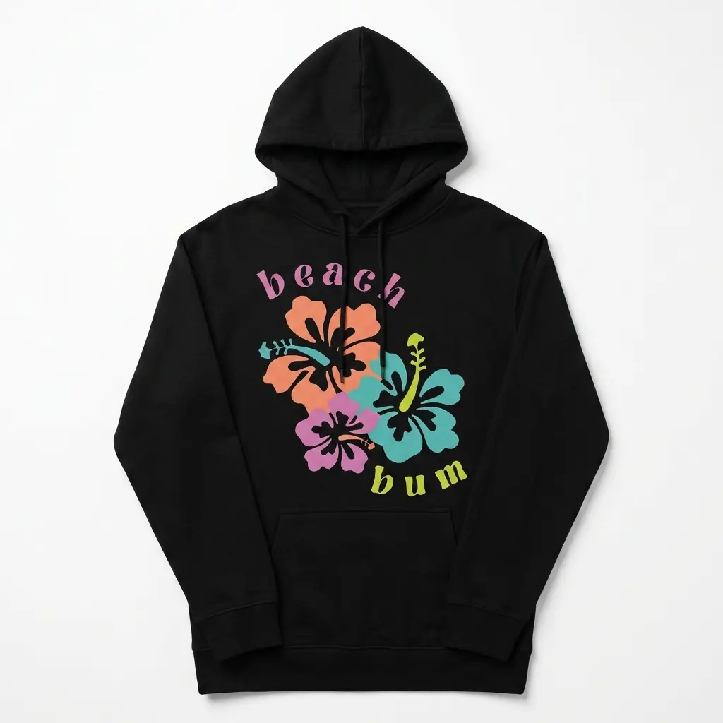 Black retro beach bum shirt, front view, displaying the pink “beach” text above vibrant orange, purple, and teal hibiscus flowers.