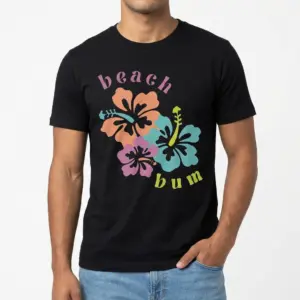 Retro Beach Bum Hibiscus Floral Graphic T-Shirt 8 Full front of a black t-shirt featuring a large graphic of orange, purple, and teal hibiscus flowers with “beach bum” text.