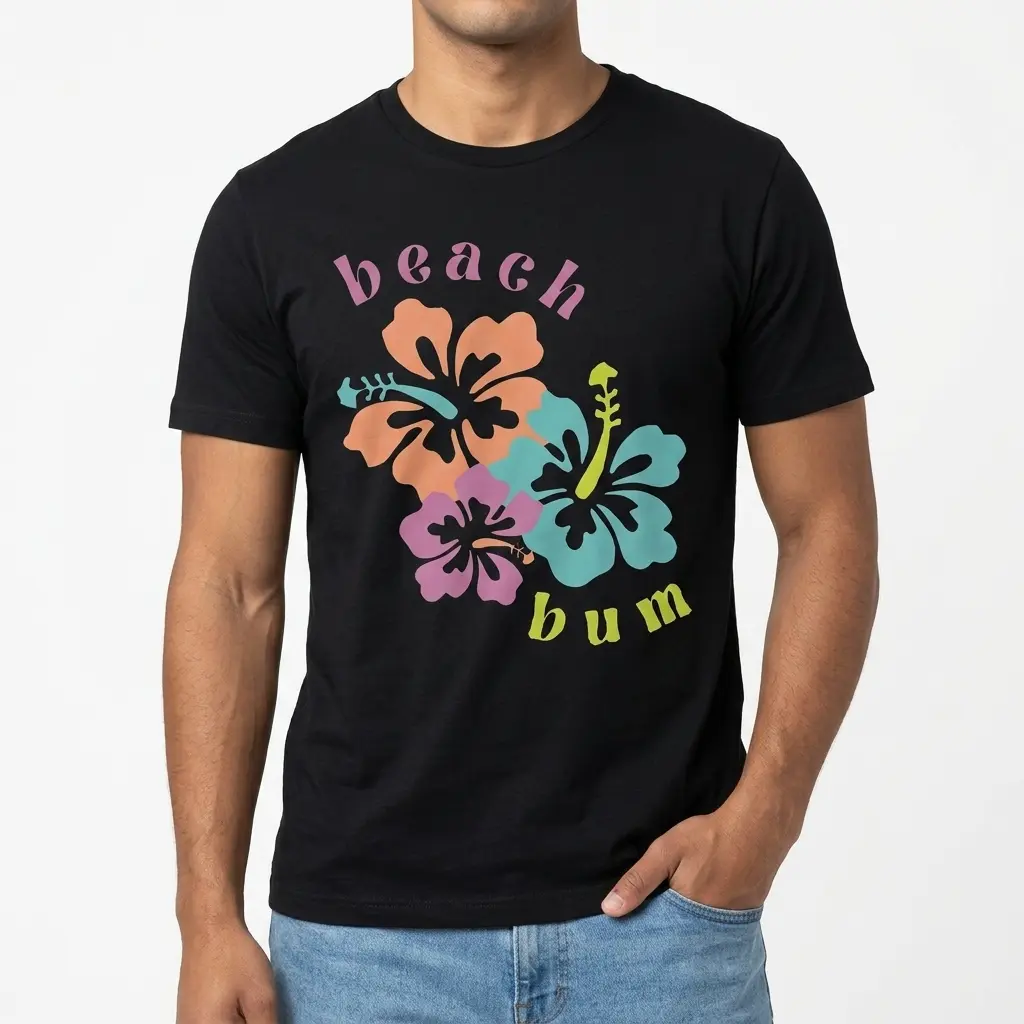 Full front of a black t-shirt featuring a large graphic of orange, purple, and teal hibiscus flowers with “beach bum” text.