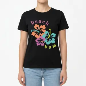 Retro Beach Bum Hibiscus Floral Graphic T-Shirt 9 Black travel shirt with a close-up of the yellow-green “bum” text and colorful hibiscus flowers in shades of orange, purple, and teal.