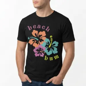 Retro Beach Bum Hibiscus Floral Graphic T-Shirt 10 Front view of a black graphic tee with a “beach bum” design, featuring bright pink and yellow-green text alongside tropical hibiscus blooms.