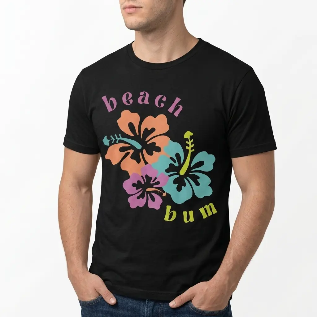 Front view of a black graphic tee with a “beach bum” design, featuring bright pink and yellow-green text alongside tropical hibiscus blooms.