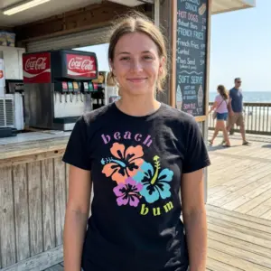 Retro Beach Bum Hibiscus Floral Graphic T-Shirt 11 A person wears the black retro beach bum t-shirt, showing the vibrant hibiscus floral design and “beach bum” text.