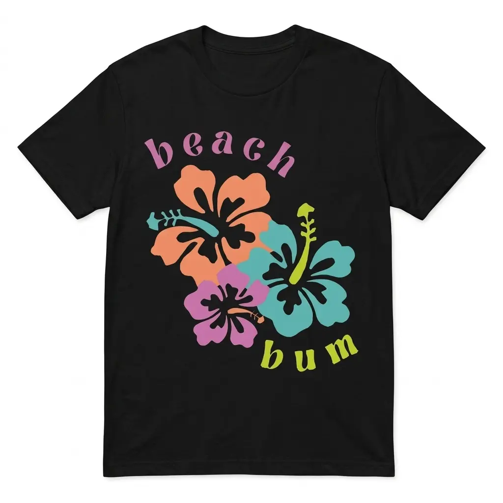 Front view of a black t-shirt with “beach bum” text and hibiscus flowers. “beach” is pink, “bum” is yellow-green. Flowers are orange, purple, and teal.
