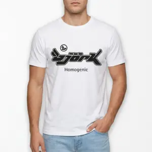 Retro Bjork Homogenic Album Graphic T-Shirt 7 Plain white T-shirt displaying Bjork's Homogenic album graphic in black.