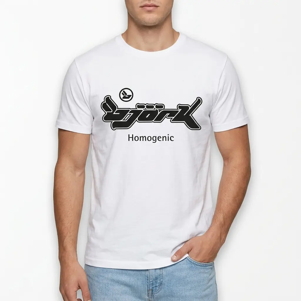 Plain white T-shirt displaying Bjork's Homogenic album graphic in black.