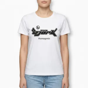 Retro Bjork Homogenic Album Graphic T-Shirt 8 White graphic T-shirt with Bjork Homogenic album text in stylized black font.
