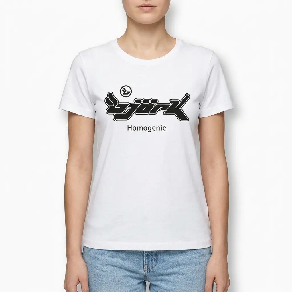 White graphic T-shirt with Bjork Homogenic album text in stylized black font.
