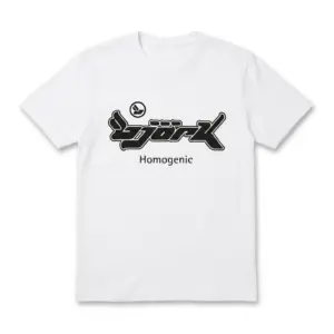 White T-shirt featuring Bjork Homogenic album text in black on the front.