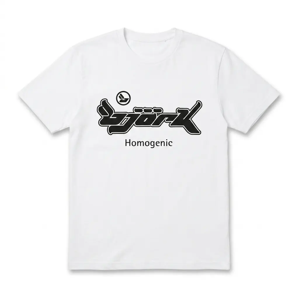 White T-shirt featuring Bjork Homogenic album text in black on the front.