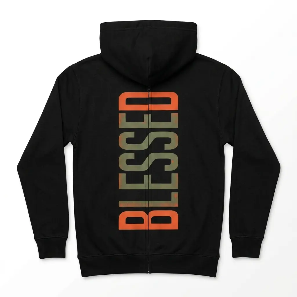 Upper back close-up of the Blessed Graphic T-Shirt, showing vertical orange and green distressed text.