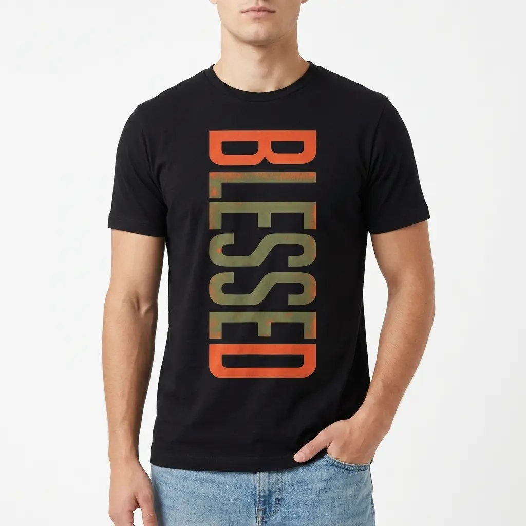 Retro Blessed T-Shirt detail, showcasing the unique vertical distressed 'BLESSED' graphic on the garment's back.