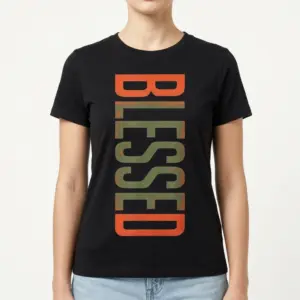 Retro Blessed Vertical Graphic T-Shirt 9 Lower section detail of the vertical 'BLESSED' print on the black t-shirt, featuring vintage orange and faded green.