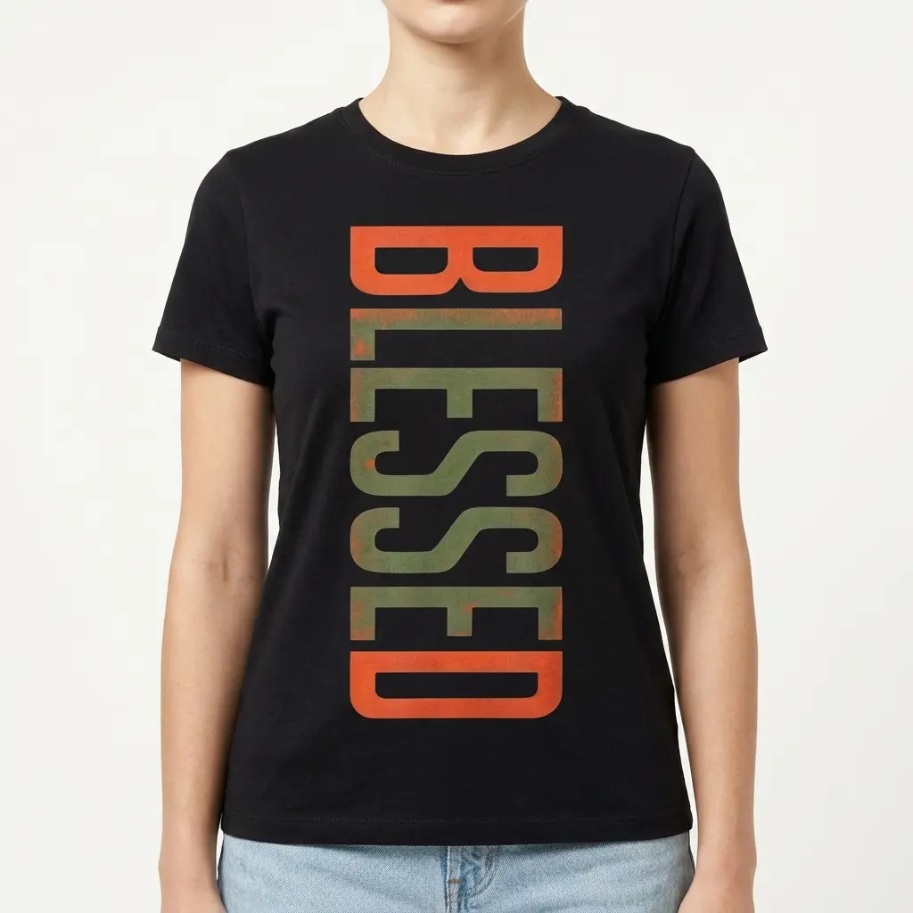 Lower section detail of the vertical 'BLESSED' print on the black t-shirt, featuring vintage orange and faded green.