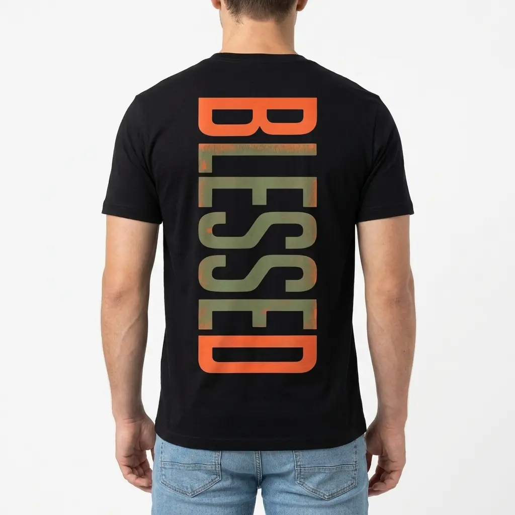 Full back view of the Faith & Christian T-Shirt, highlighting the bold vertical 'BLESSED' design.