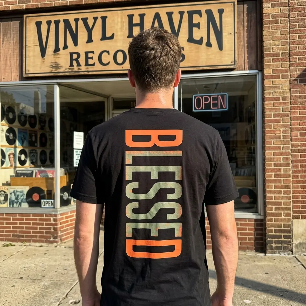 The Blessed Graphic T-Shirt design, seen from the back, with its prominent distressed vertical text in orange and green.