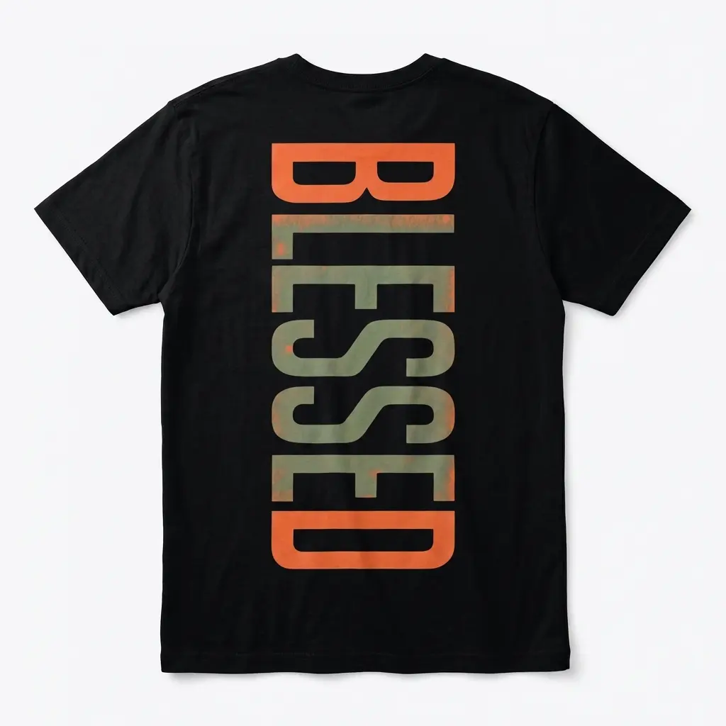 Black t-shirt, back view, with 'BLESSED' printed vertically in distressed orange and muted green letters.