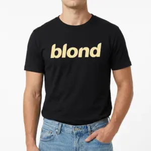 Retro Blond Album Minimalist Graphic Tee 8 Close-up of the 'blond' t-shirt, highlighting the distinct light yellow lettering on dark fabric.