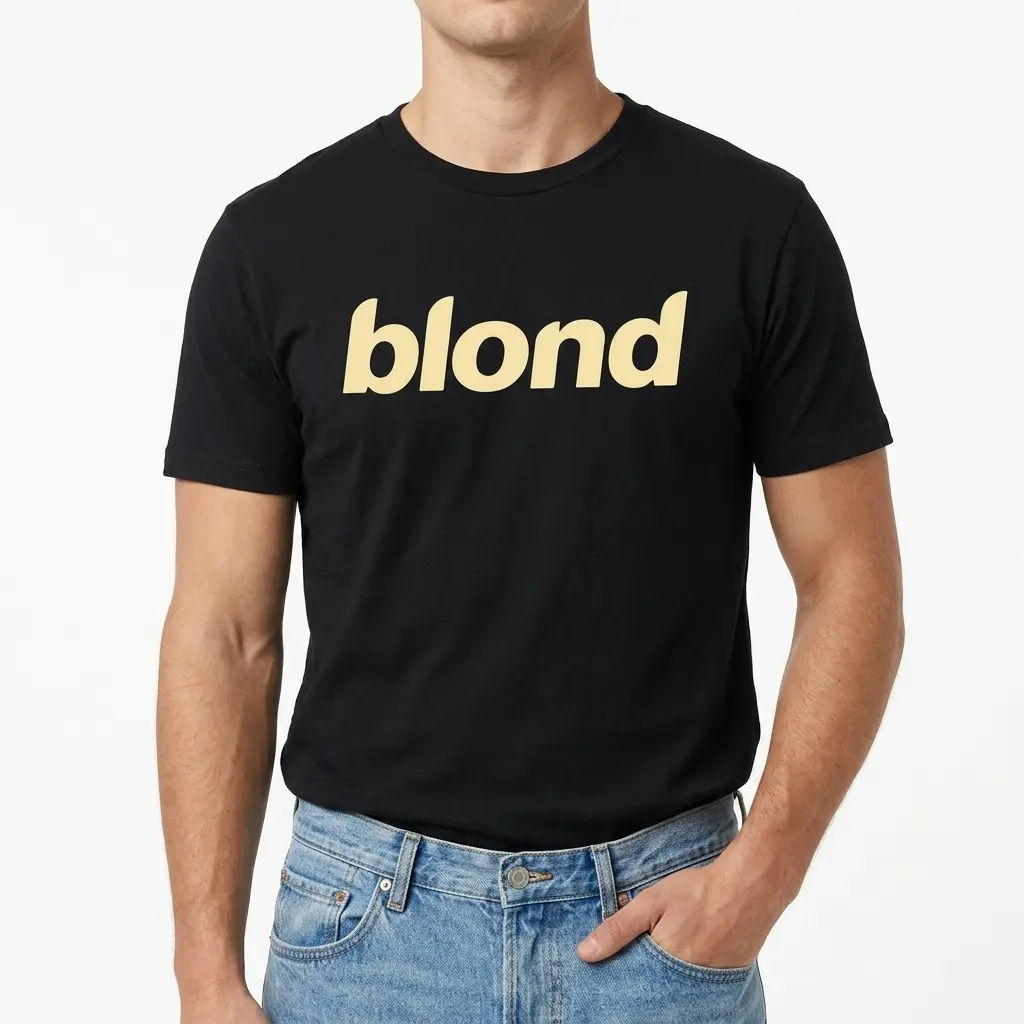 Close-up of the 'blond' t-shirt, highlighting the distinct light yellow lettering on dark fabric.