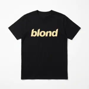 Black t-shirt with 'blond' in a stylized light yellow, italicized font across the chest.