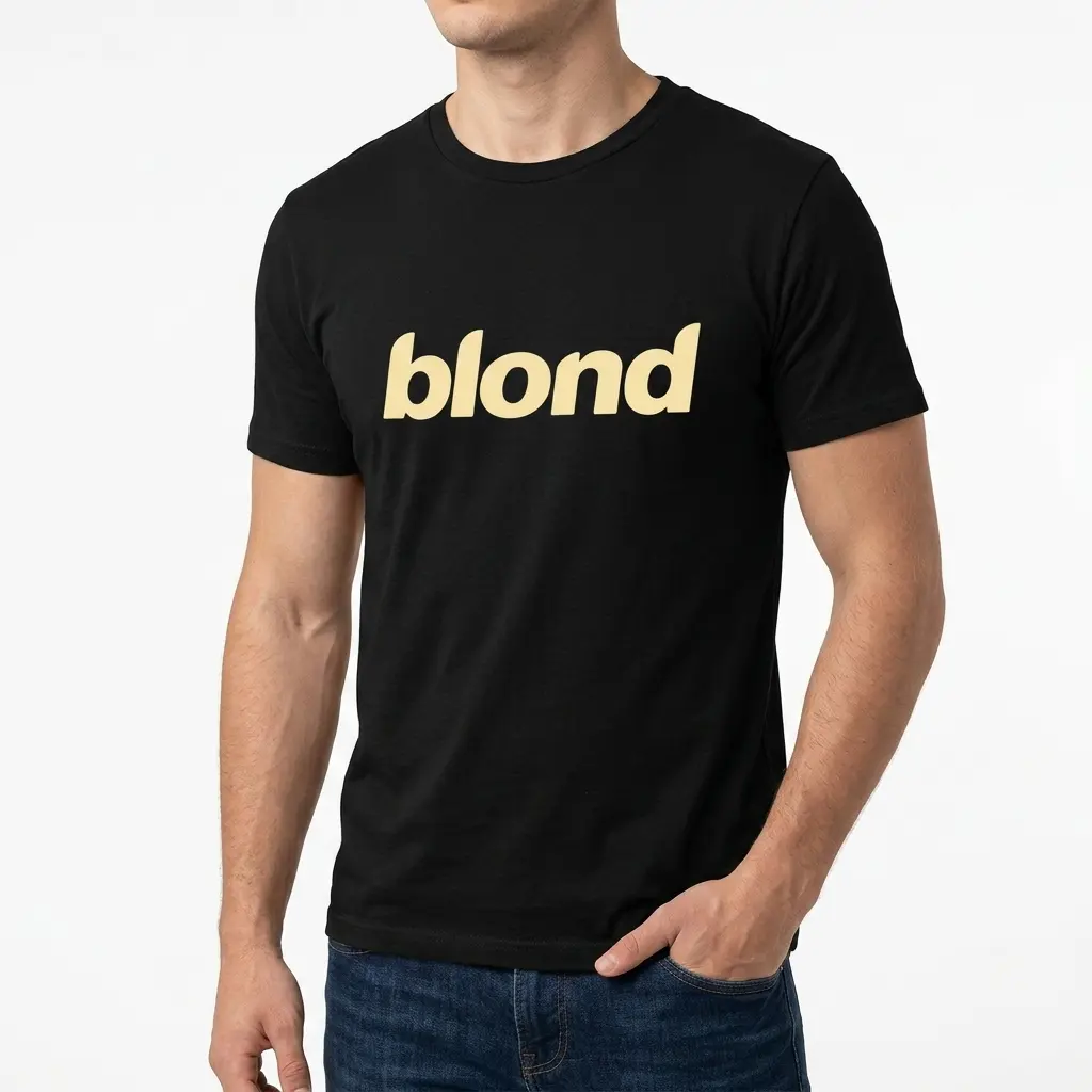 Short-sleeve black music shirt featuring the 'blond' graphic, displayed in a classic front view.