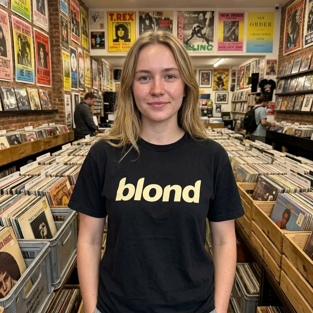 Retro 'blond' album graphic tee, a stylish choice for music enthusiasts.